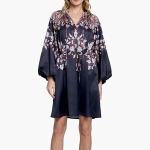 Ciebon satin dress black multi paisley balloon sleeve size small